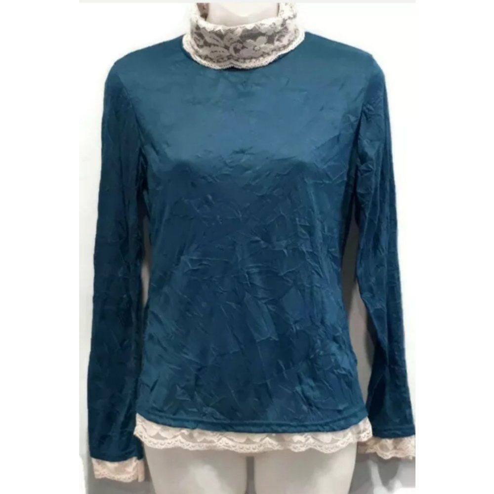 Vintage 1990s Handmade Crinkle Textured Lace Turtleneck Teal Top Victorian